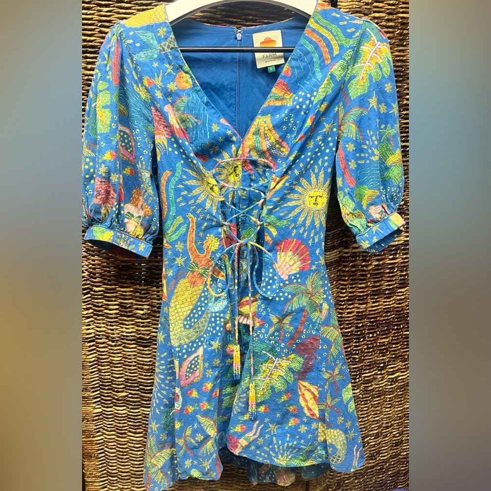 Farm Rio- Ocean Stories printed mini dress, Size: Small